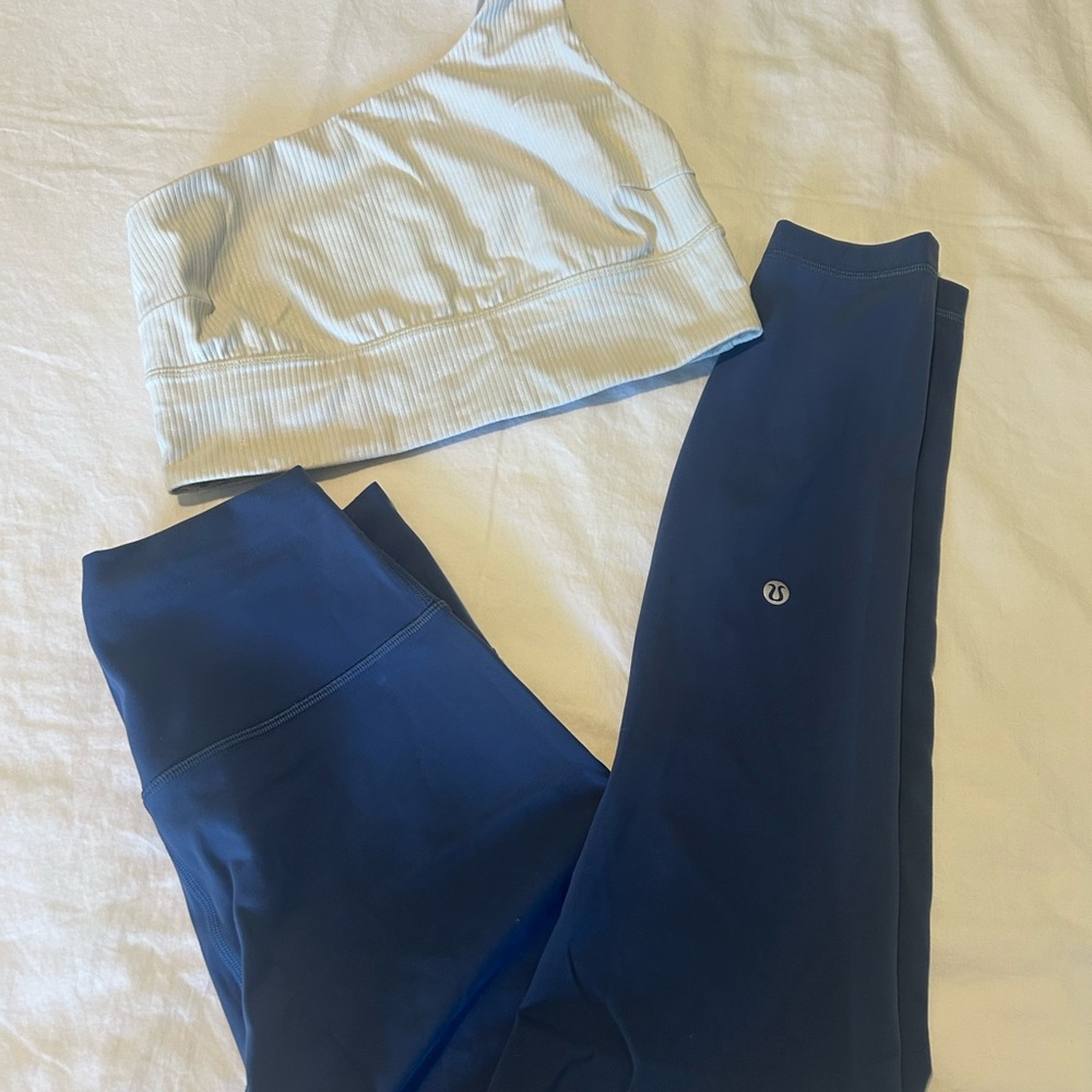 Lululemon Athletica Light Blue One-Shoulder Top and Navy Leggings Set